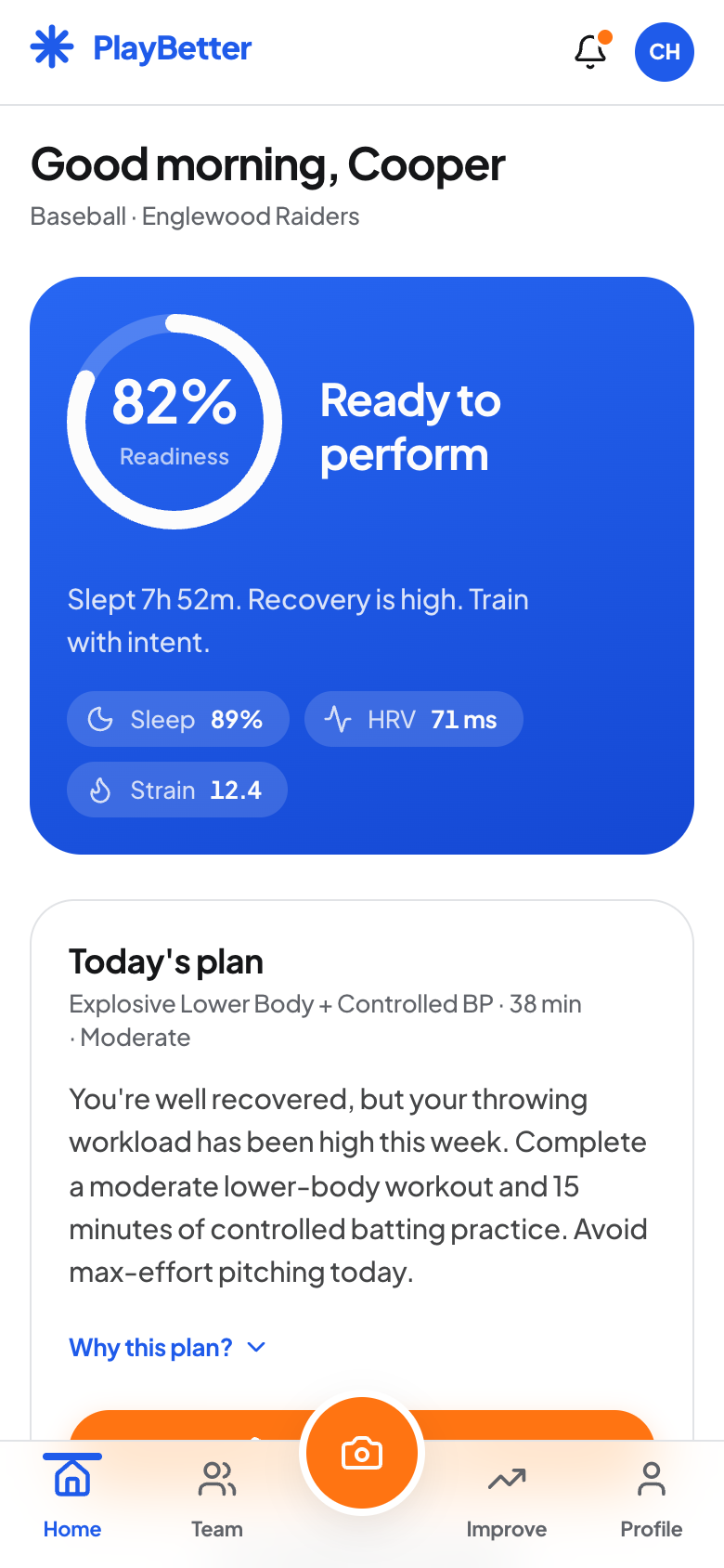 The PlayBetter home screen showing today's readiness score and plan