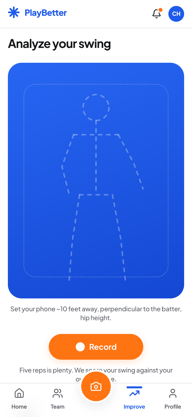 PlayBetter Improve screen with a motion analysis and category scores